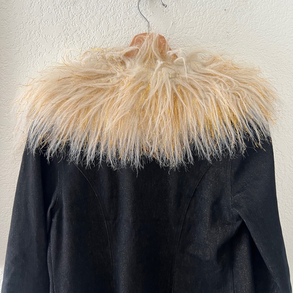 RARE Vintage Blanc Noir Boho Trench Coat Faux Fur Gold Tinsel Trim Size M - Picture 9 of 10